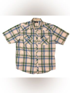 Dickies blue and green plaid pearl snap short sleeve shirt